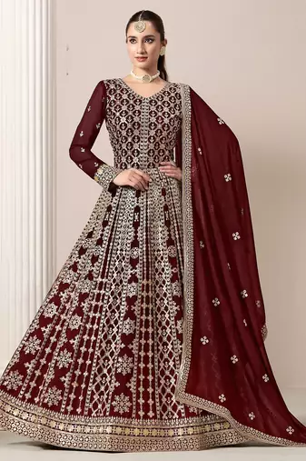 Maroon georgette embroidery & sequins semi stitched suit size up to 42