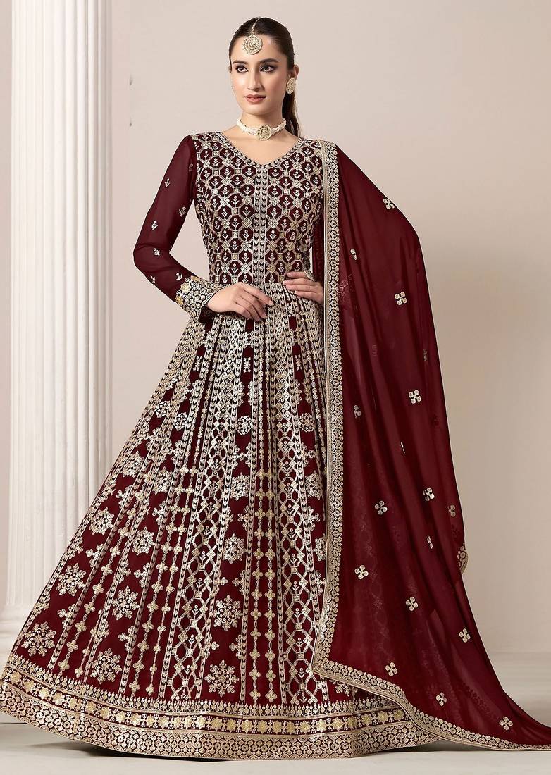 Maroon georgette embroidery & sequins semi stitched suit size up to 42