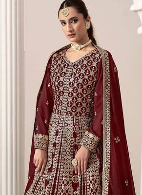 Maroon georgette embroidery & sequins semi stitched suit size up to 42 2