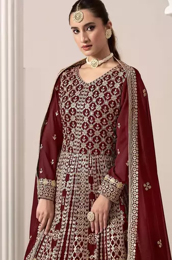 Maroon georgette embroidery & sequins semi stitched suit size up to 42
