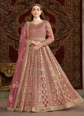 Pink net embroidery & sequins semi stitched suit size up to 42 1