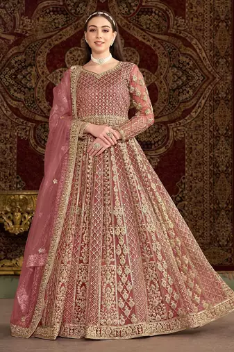 Pink net embroidery & sequins semi stitched suit size up to 42