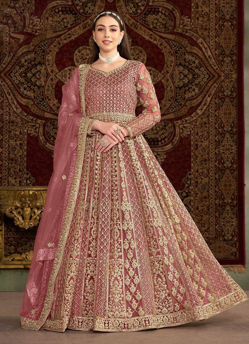 Pink net embroidery & sequins semi stitched suit size up to 42