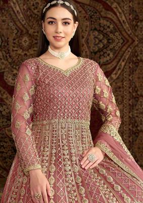 Pink net embroidery & sequins semi stitched suit size up to 42 2