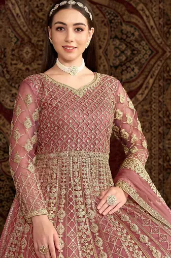 Pink net embroidery & sequins semi stitched suit size up to 42