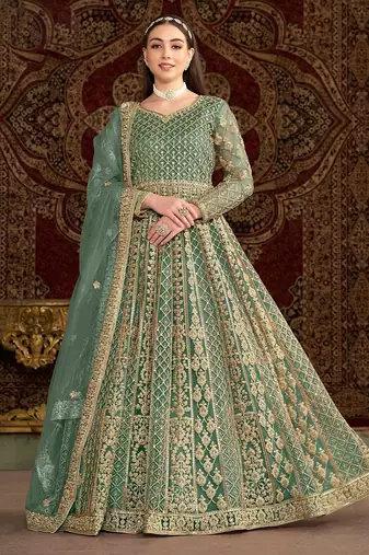 Teal green net embroidery & sequins semi stitched suit size up to 42