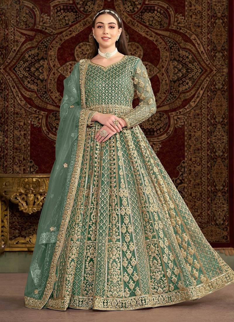 Teal green net embroidery & sequins semi stitched suit size up to 42