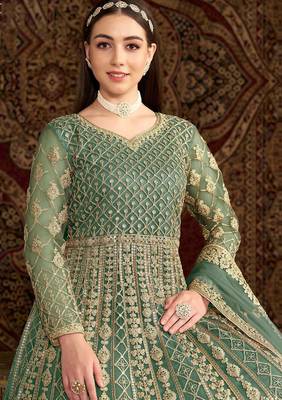 Teal green net embroidery & sequins semi stitched suit size up to 42 2