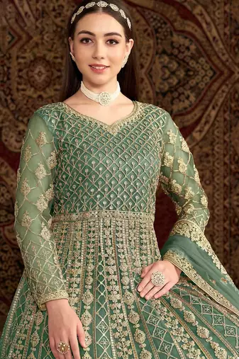 Teal green net embroidery & sequins semi stitched suit size up to 42