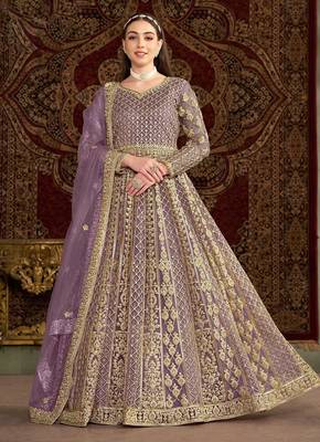 Purple net embroidery & sequins semi stitched suit size up to 42 1