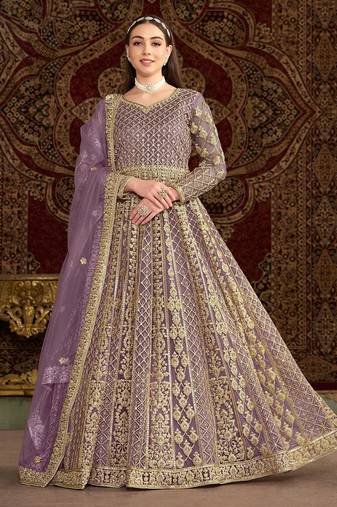 Purple net embroidery & sequins semi stitched suit size up to 42