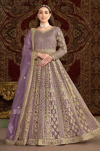 Purple net embroidery & sequins semi stitched suit size up to 42