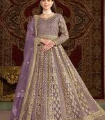 Purple net embroidery & sequins semi stitched suit size up to 42