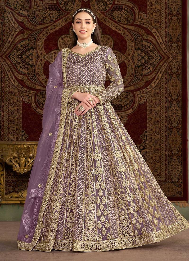 Purple net embroidery & sequins semi stitched suit size up to 42
