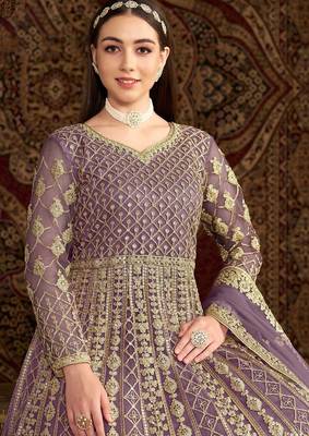 Purple net embroidery & sequins semi stitched suit size up to 42 2