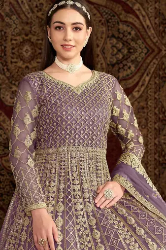 Purple net embroidery & sequins semi stitched suit size up to 42