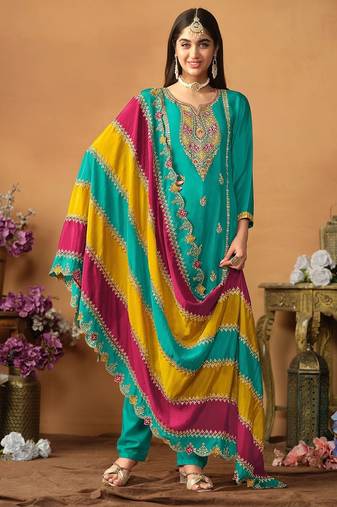 Blue chinnon silk embroidery & sequins semi stitched suit size up to 42