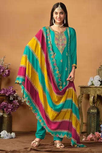 Blue chinnon silk embroidery & sequins semi stitched suit size up to 42