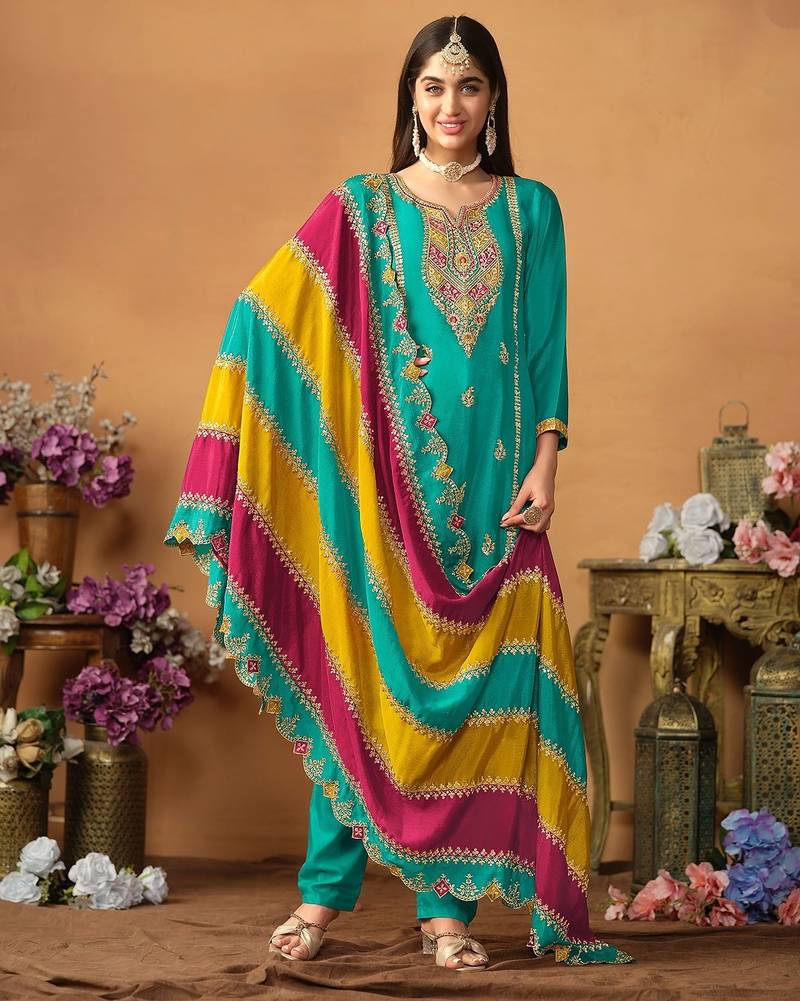 Blue chinnon silk embroidery & sequins semi stitched suit size up to 42