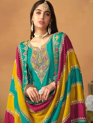 Blue chinnon silk embroidery & sequins semi stitched suit size up to 42 2
