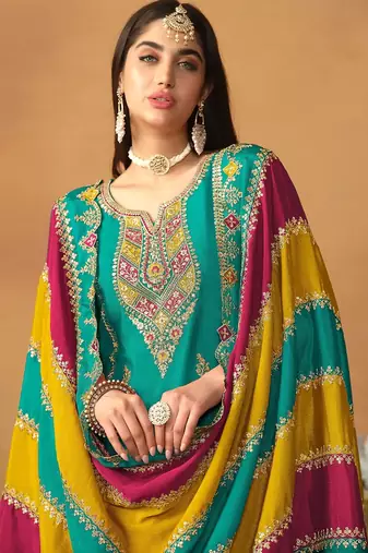 Blue chinnon silk embroidery & sequins semi stitched suit size up to 42