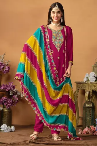 Pink chinnon silk embroidery & sequins semi stitched suit size up to 42
