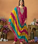 Pink chinnon silk embroidery & sequins semi stitched suit size up to 42