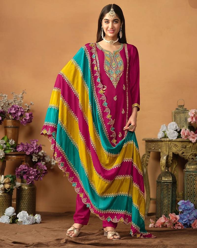 Pink chinnon silk embroidery & sequins semi stitched suit size up to 42