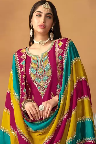 Pink chinnon silk embroidery & sequins semi stitched suit size up to 42