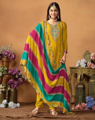 Mustard chinnon silk embroidery & sequins semi stitched suit size up to 42 1