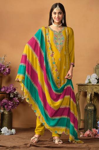 Mustard chinnon silk embroidery & sequins semi stitched suit size up to 42