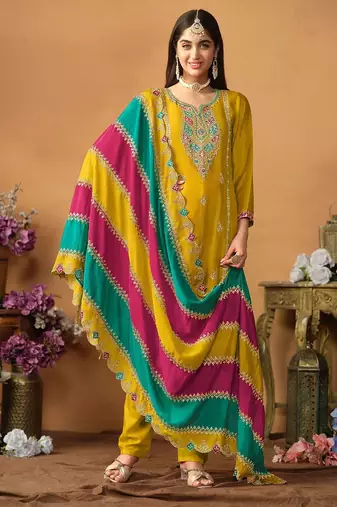 Mustard chinnon silk embroidery & sequins semi stitched suit size up to 42