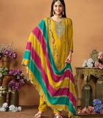 Mustard chinnon silk embroidery & sequins semi stitched suit size up to 42