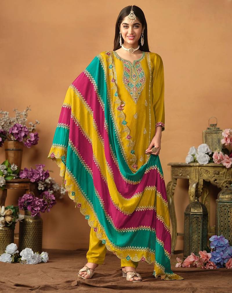 Mustard chinnon silk embroidery & sequins semi stitched suit size up to 42