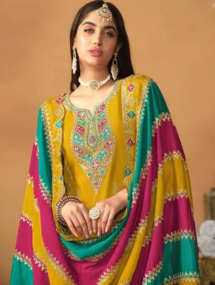 Mustard chinnon silk embroidery & sequins semi stitched suit size up to 42 2