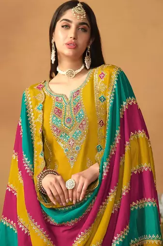 Mustard chinnon silk embroidery & sequins semi stitched suit size up to 42