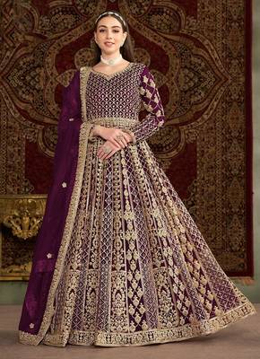 Purple net embroidery & sequins semi stitched suit size up to 42 1