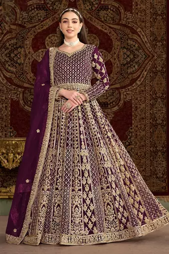 Purple net embroidery & sequins semi stitched suit size up to 42