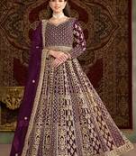 Purple net embroidery & sequins semi stitched suit size up to 42