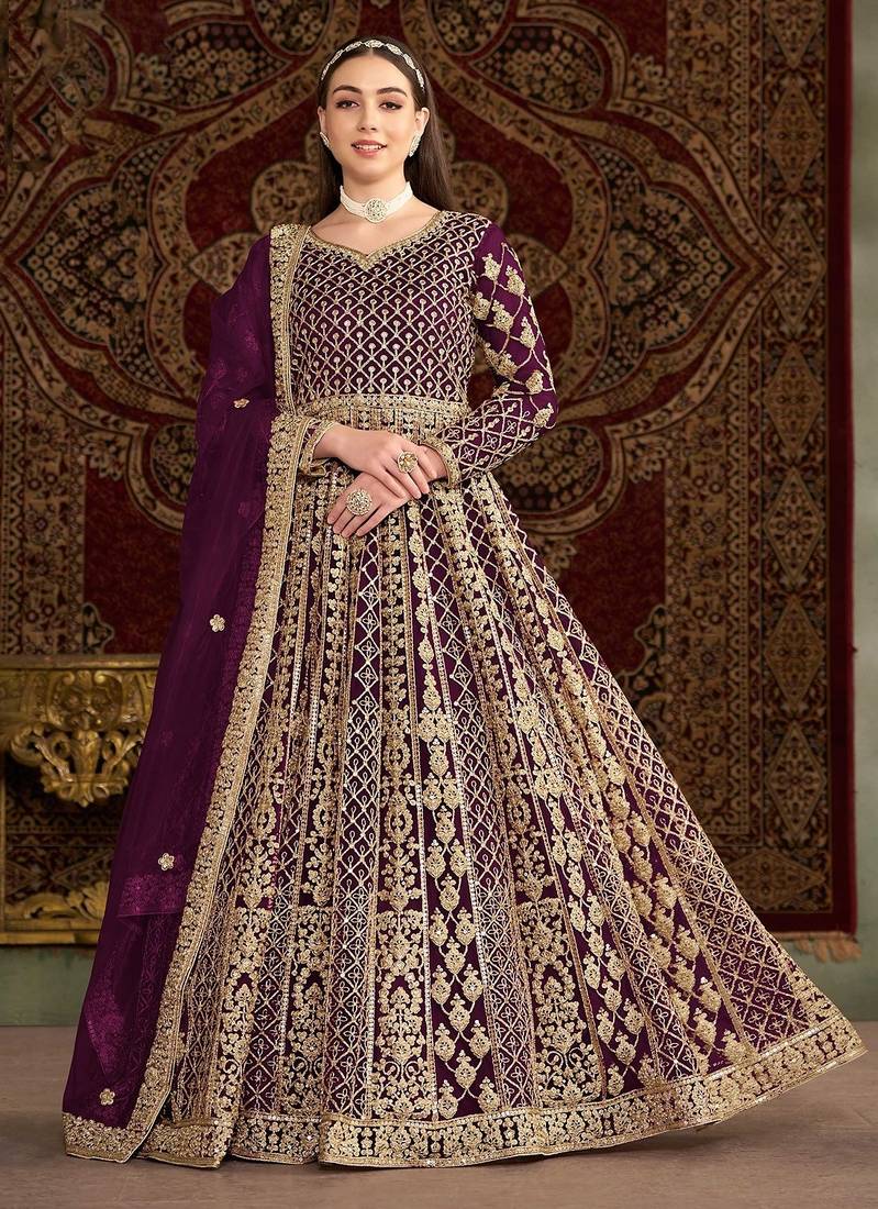 Purple net embroidery & sequins semi stitched suit size up to 42