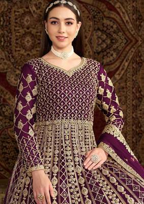 Purple net embroidery & sequins semi stitched suit size up to 42 2
