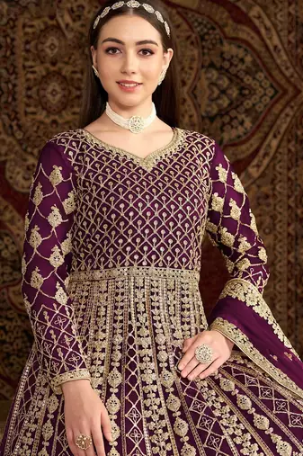 Purple net embroidery & sequins semi stitched suit size up to 42
