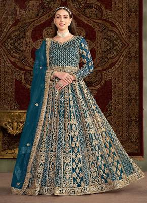 Teal blue net embroidery & sequins semi stitched suit size up to 42 1