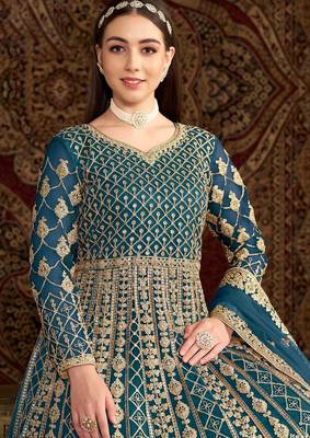 Teal blue net embroidery & sequins semi stitched suit size up to 42 2