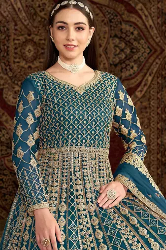 Teal blue net embroidery & sequins semi stitched suit size up to 42