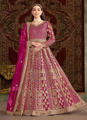 Pink net embroidery & sequins semi stitched suit size up to 42 1