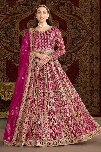 Pink net embroidery & sequins semi stitched suit size up to 42