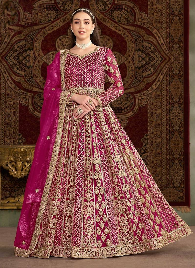 Pink net embroidery & sequins semi stitched suit size up to 42