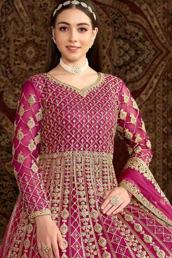 Pink net embroidery & sequins semi stitched suit size up to 42