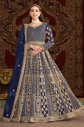 Blue net embroidery & sequins semi stitched suit size up to 42